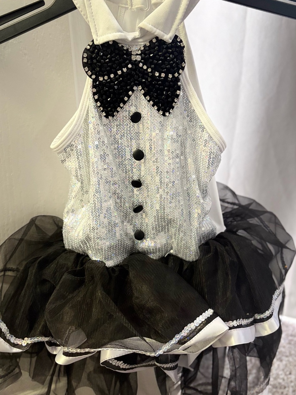 Sequin Polo Tutu Dress with Beaded Bow - Black & White